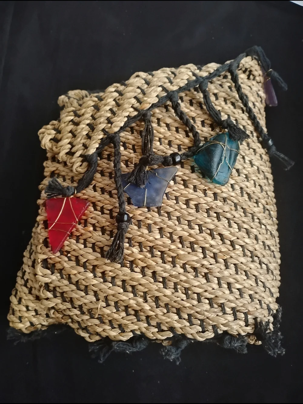 Handwoven Designer Basket with Multicolor Glass Accents. Made In America